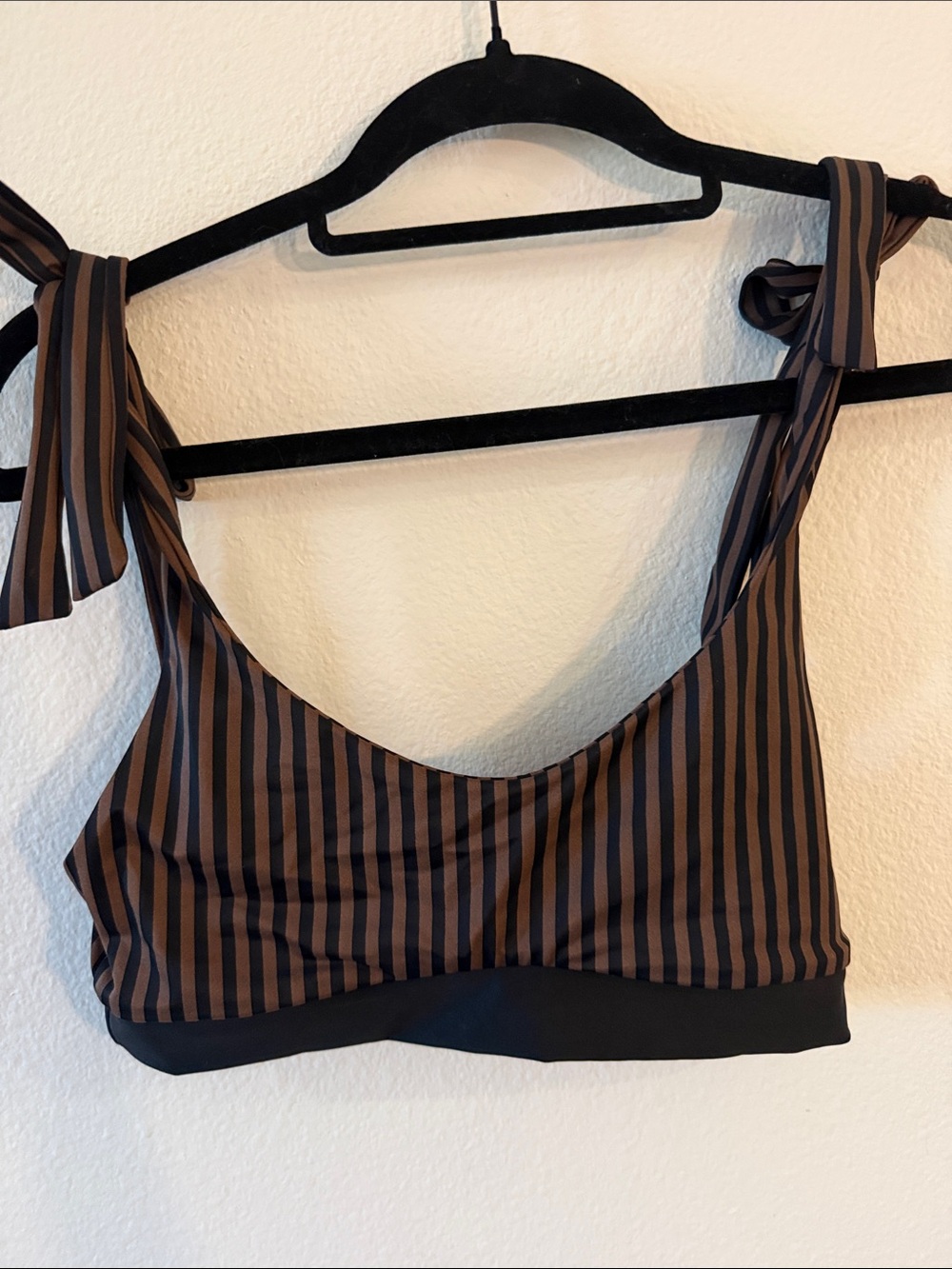 Darlin’ Striped Tie-Shoulder Bikini Top in Brown and Black